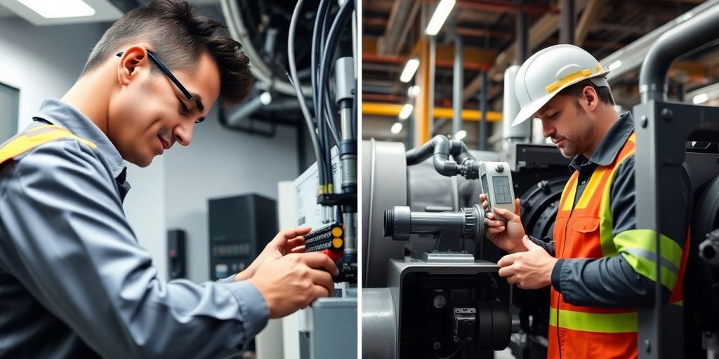 Commercial and industrial electricians at work in different settings.